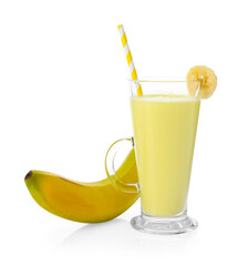 Tasty milkshake in glass and banana isolated on white