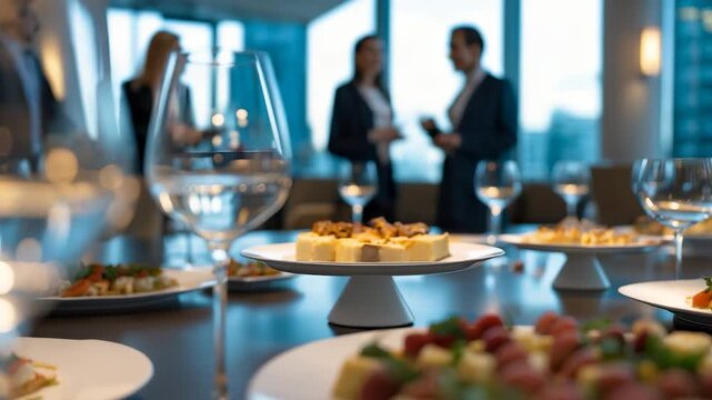 Elegant Business Event Catering Food Wine Glasses Office Party People Networking Dinner Table