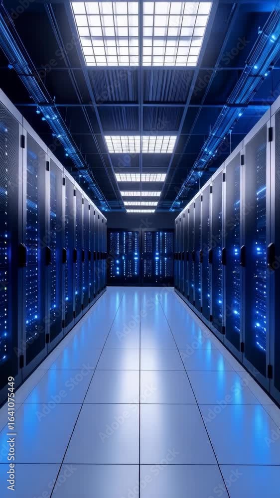 Poster Data center corridor with rows of server racks and lights on ceiling, futuristic high tech digital information processing