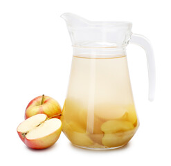 Tasty compot in glass jug and fresh apples isolated on white