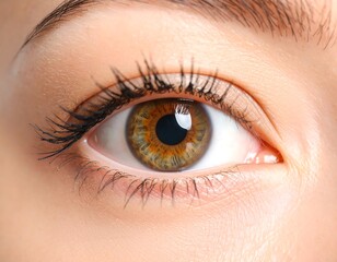 Close-up of a hazel eye, showing details of iris, pupil, and lashes