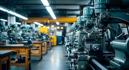 Fototapeta premium Row of vintage metalworking machines in a factory workshop