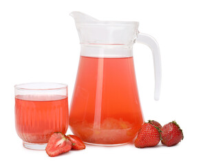 Tasty compot in glass, jug and fresh strawberries isolated on white