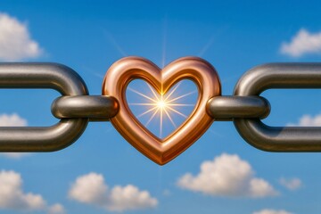 Golden heart linking steel chain against bright sky, symbolizing unity, love, trust, and strong emotional bonds. Concept of warmth and partnership.