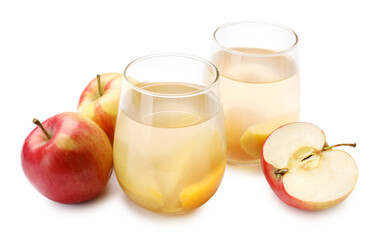Tasty compot in glasses and fresh apples isolated on white