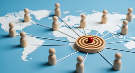Global Network Concept: Wooden Figures Connected to a Central Target on World Map