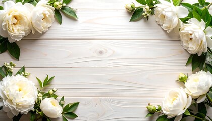 White roses, greenery on white wood