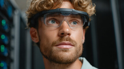 Intelligent Insight: A tech expert is seen gazing intently ahead, while wearing sophisticated headgear in a high-tech setting, representing innovative technology.