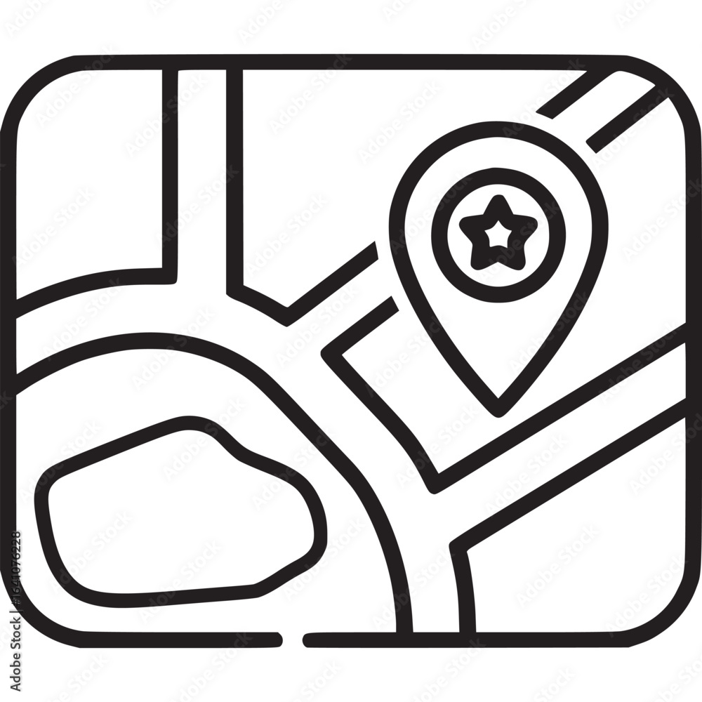 Poster a minimalist line art icon of a map with a location pin, isolated on white background, representing 