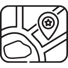 A minimalist line art icon of a map with a location pin, isolated on white background, representing navigation, travel destinations, and geographic positioning with a clean design