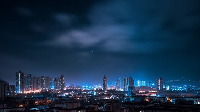 Night cityscape under shifting sky, time lapse of urban lights twinkling below celestial clouds