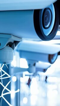 Security cameras are in a row, providing safety and surveillance in public spaces with futuristic network background and modern design.