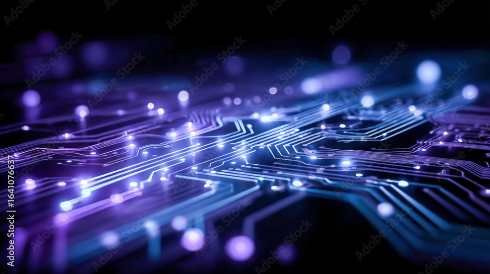 Poster abstract circuit board with glowing lights representing futuristic technology and data flow on dark 