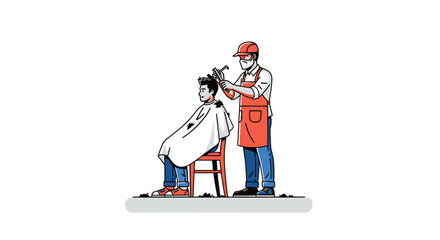 Barber cutting client's hair with scissors and comb, wearing mask and apron