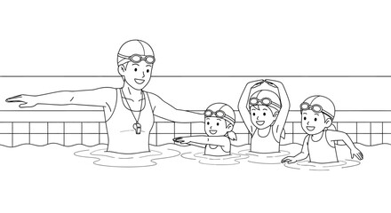 Black and white line art of a female swim coach teaching three happy children in a pool.