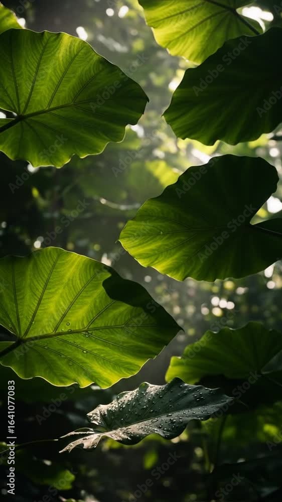 Poster lush green leaves with intricate veins and sunlight filtering through for an ethereal effect and abs