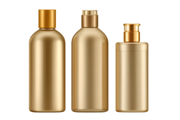 Set of golden cosmetic bottles with no label, isolated on a white background