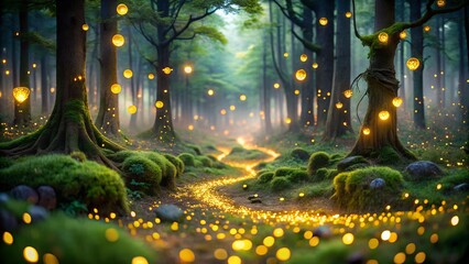Obraz premium A winding path illuminated by magical lights leads through a mystical forest, creating an enchanting and dreamy atmosphere with trees and mossy stones