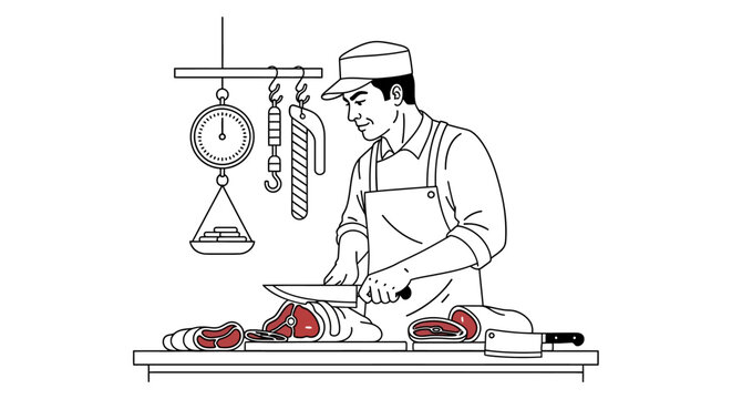 Butcher skillfully slicing raw red meat with a sharp knife in a shop