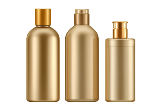 Set of golden cosmetic bottles with no label, isolated on a white background