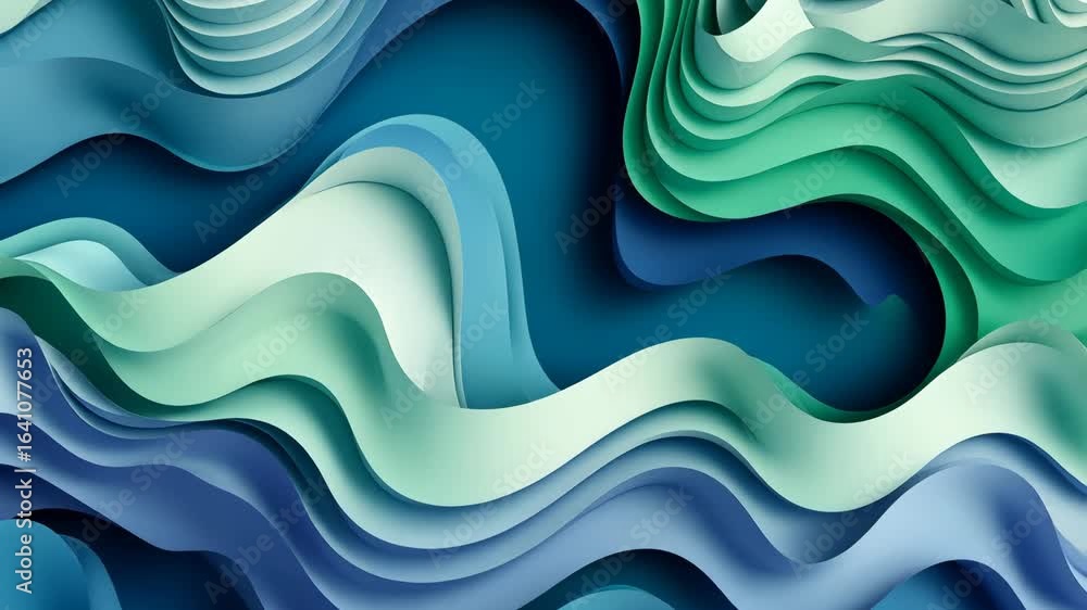 Poster elegant blue green paper art featuring fluid layered waves creating dimensional abstract shapes and 