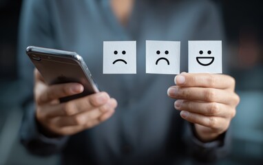 Person holding three emotion cards while using a smartphone in a modern office environment, showcasing expressions of happiness and sadness