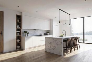 Fototapeta premium A bright and spacious modern kitchen featuring sleek white cabinetry, a stunning marble island, and elegant black pendant lights for a luxurious, open-plan feel. 
