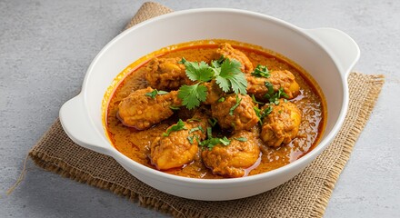 Chicken curry in a white bowl garnished with cilantro on burlap