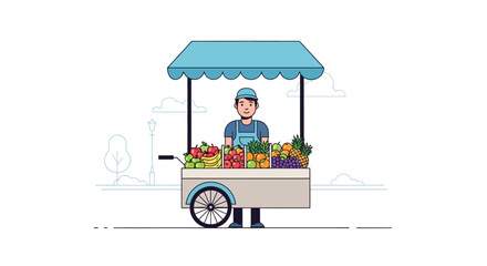 Cheerful Fruit Vendor Standing Behind a Colorful Cart Laden with Fresh Produce
