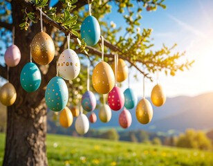 Decorated eggs hang from a tree branch in a sunny spring landscape