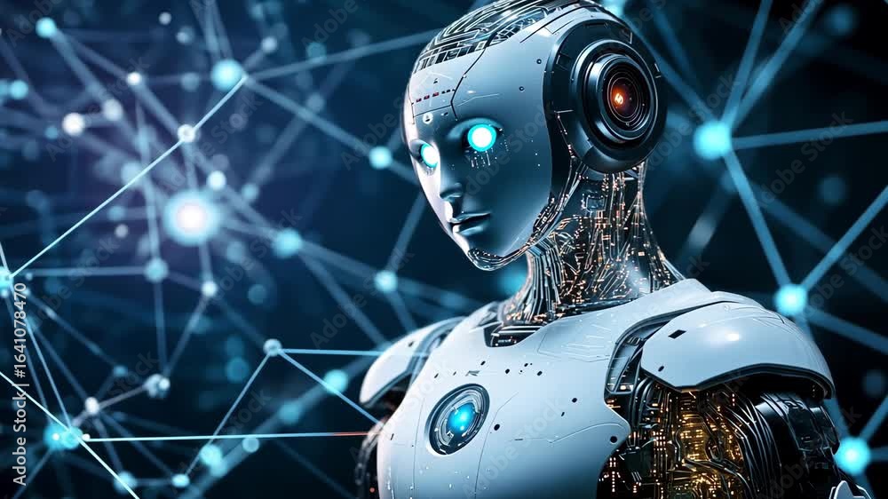 Poster futuristic humanoid robot with illuminated eyes amidst networked nodes, reflecting advanced technolo