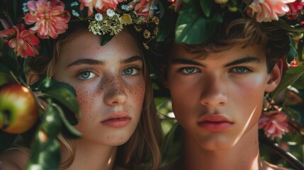 Obraz premium Young couple with floral crowns, surrounded by vibrant greenery and apples, showcasing natural beauty and connection in a serene outdoor setting, evoking a sense of harmony and youthfulness