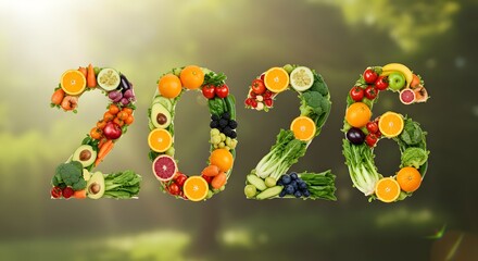 Fresh Fruits and Vegetables Forming the Year 2026 on a Natural Background