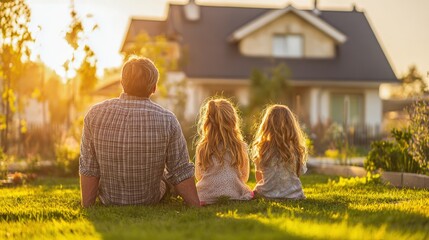 Father and Two Daughters Enjoying Golden Hour in Front of Their Beautiful Home in Suburbia