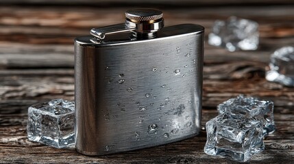 Sleek metal flask beside ice cubes on rustic wood