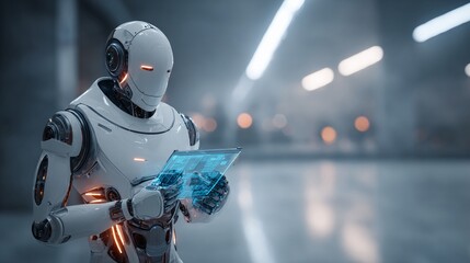 Fototapeta premium Advanced AI robot helper in a minimalist high-tech office setting, holding a glowing holographic screen.