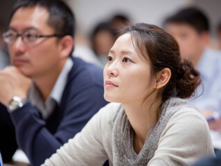 Obraz premium Focused Young Woman Attending a Lecture with Engaged Audience in Background, Learning Environment, Modern Classroom Setting