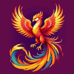 Obraz premium Fiery Phoenix Bird: Mythical Creature, Vibrant Wings, Majestic Pose, Fantasy Art, Purple Background