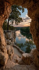 Obraz premium Cave overlook at dawn. River view