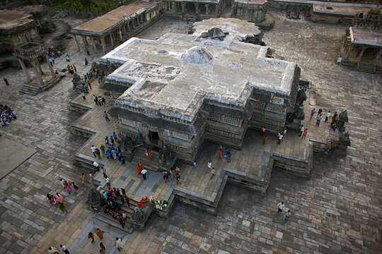 Aerial view of the Hoysaleswara Temple, a 12th-century Hindu temple dedicated to Shiva, showcasing intricate carvings and a grand structure, Halebidu, Karnataka, India.