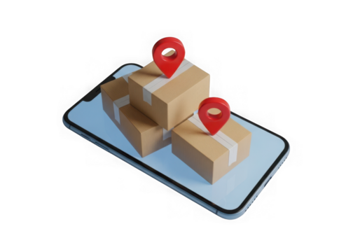 Delivery packages on a smartphone with map pins isolated on transparent background