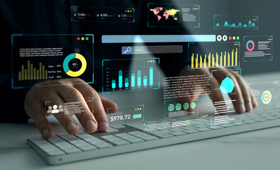 Management data System KPI connected in database for follow earnings,operations and sales data. Businessman using KPI dashboard.Financial business data analytics graph dashboard.	
