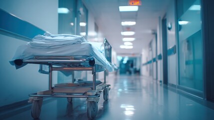 Hospital Gurney in Empty Hallway: Healthcare Equipment, Emergency Services, and Medical Facility Scene