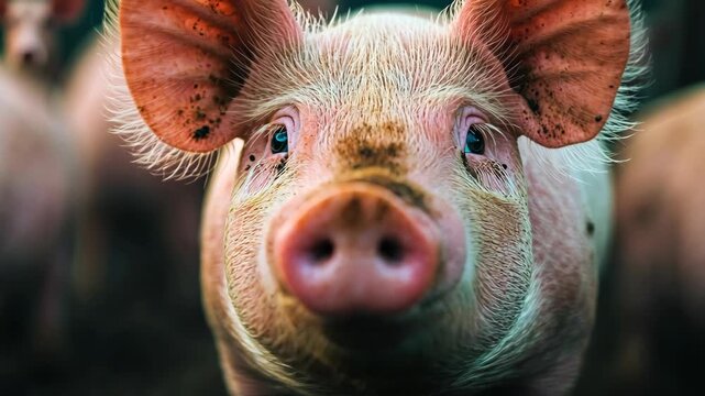 Close-up of a pink pig face with blue eyes on a farm, with shallow depth of field creating a blurred background of other pigs.