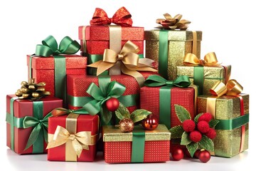 Fototapeta premium A festive pile of christmas gifts with red and gold ribbons, isolated on white background, perfect for holiday celebrations and new year surprises