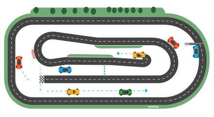 Fototapeta premium Colorful race cars speeding around a stylized, winding racetrack, competing for the finish line.