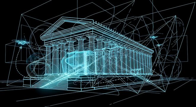 A futuristic wireframe hologram of a classical Greek temple being analyzed by flying drones.