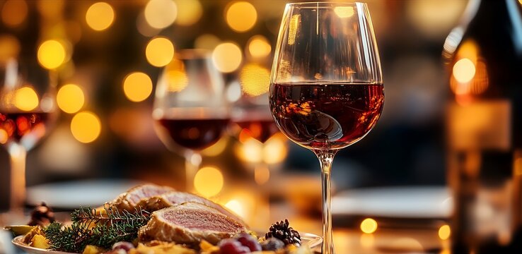 A sophisticated dinner setting with glasses of wine and gourmet dishes, creating a luxurious dining experience