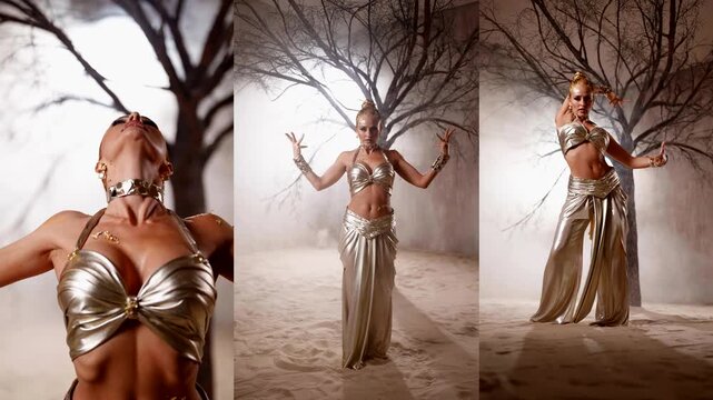 Plastic movements in oriental dance. The emphasis on the curve of the back, the balance of the arms, and the golden texture of the costume are highlighted by the light.