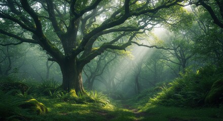 Obraz premium Enchanting Sunbeams in a Mystical Forest